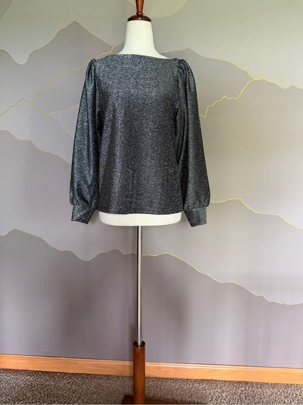 LOFT Metallic Charcoal Puff Sleeve Blouse